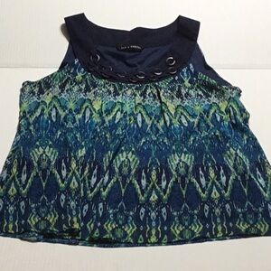 Navy/Green Pattern Dressy Sleeveless Blouse Top